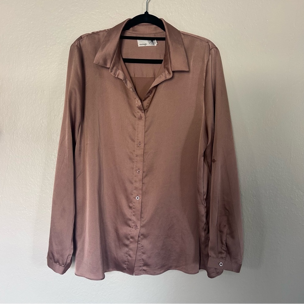 Everleigh Copper Brown Satin Button Down Blouse | Size XL